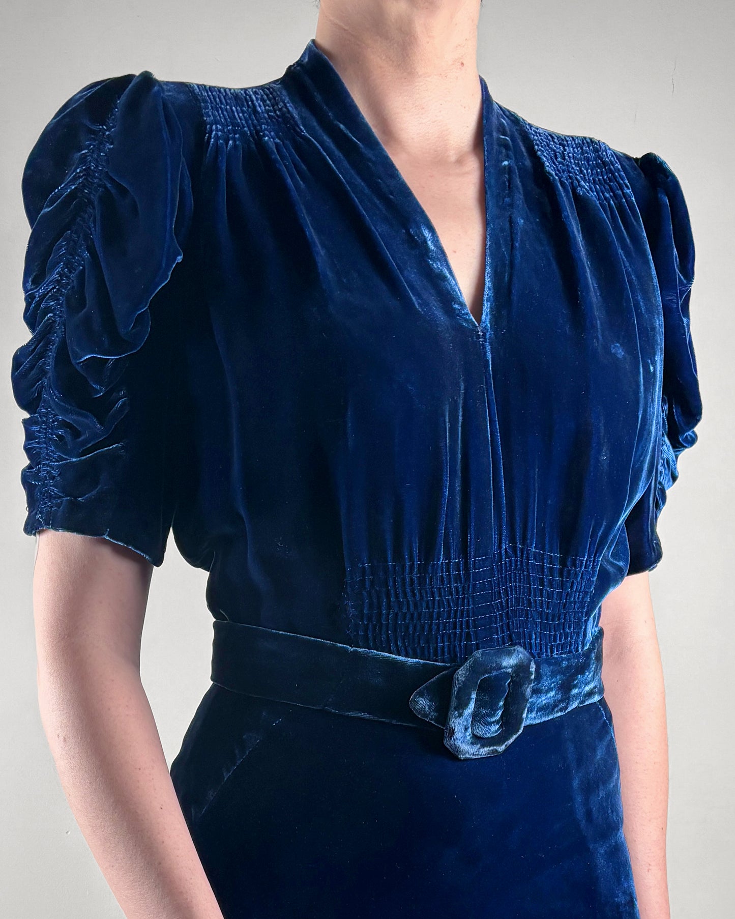 1930s Blue Velvet Dress–S