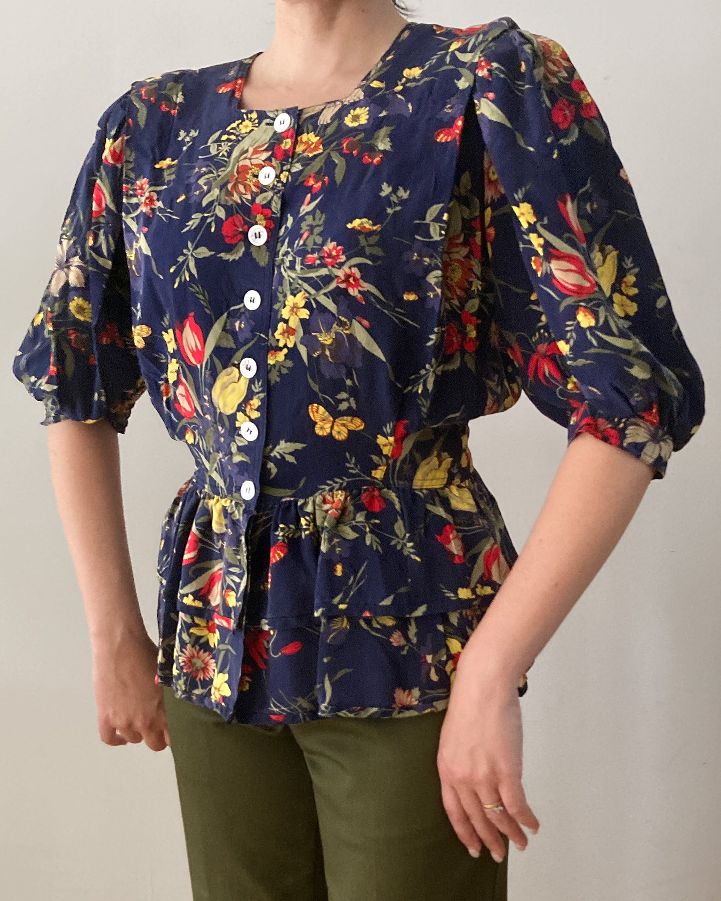 80s Floral Silk Peplum Blouse–M