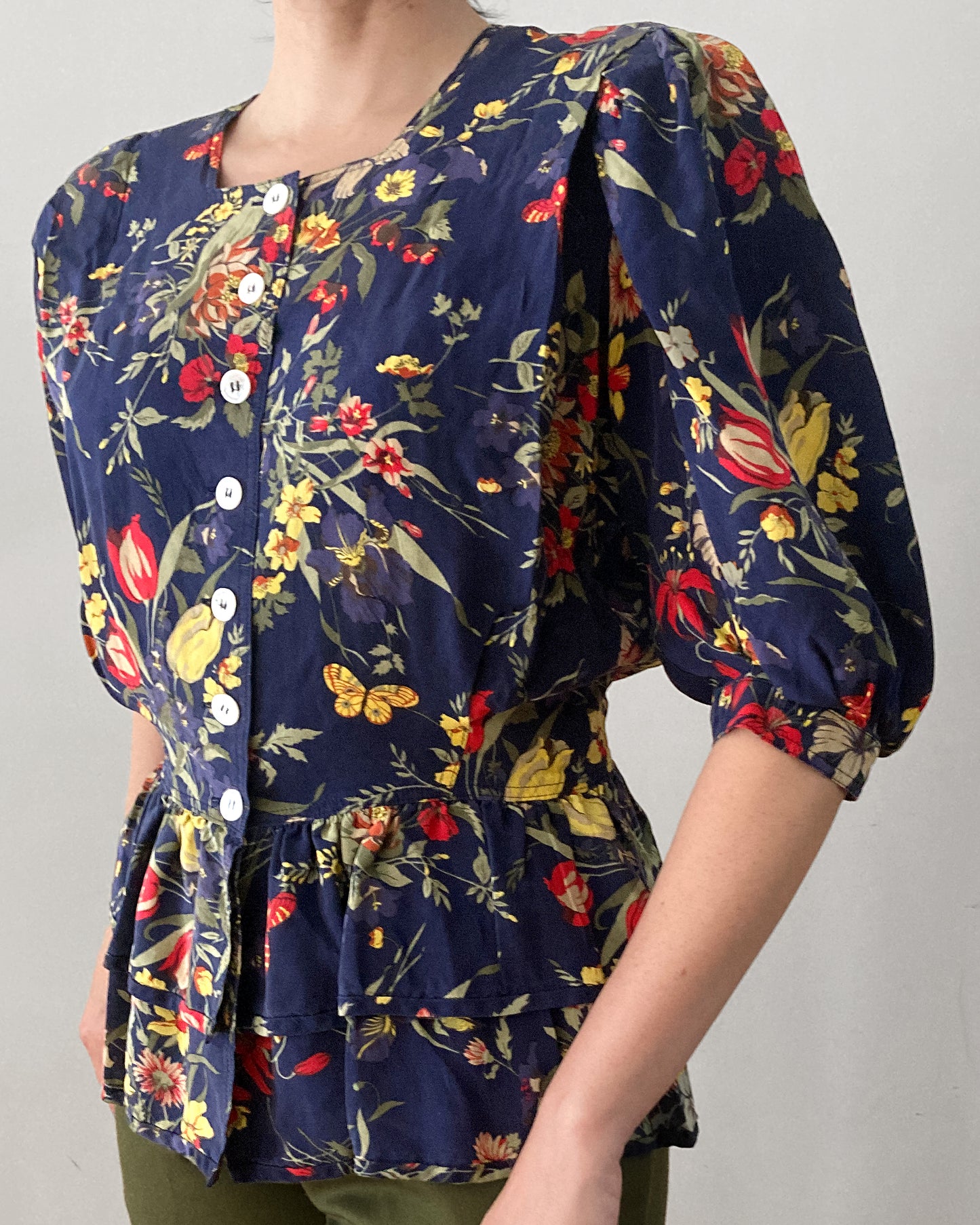 80s Floral Silk Peplum Blouse–M