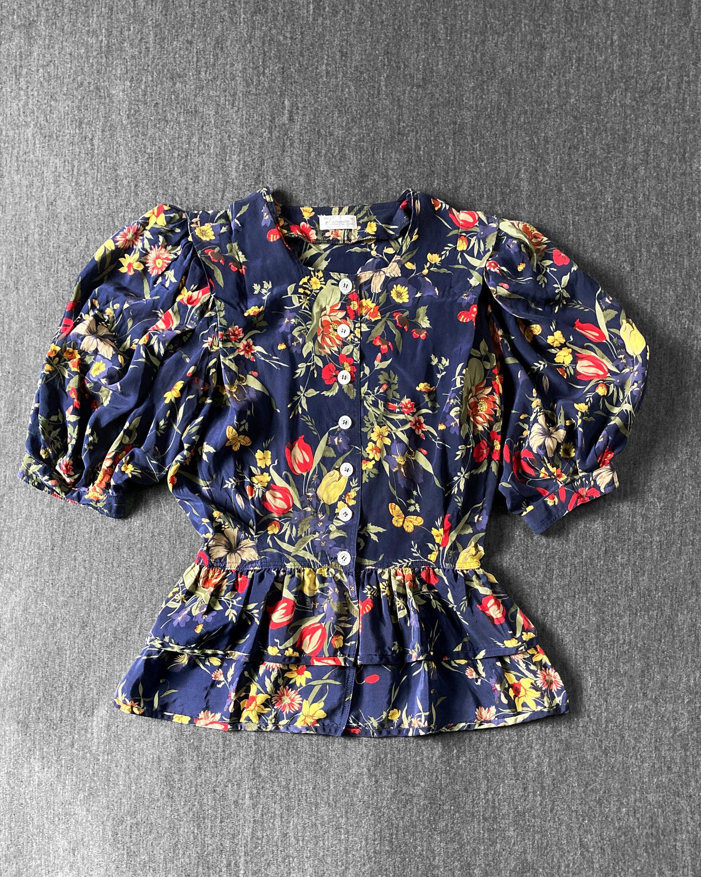 80s Floral Silk Peplum Blouse–M