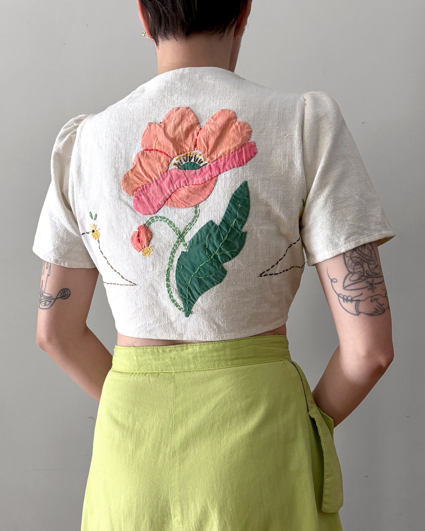 1980s Appliqué Linen Crop Top–S/M