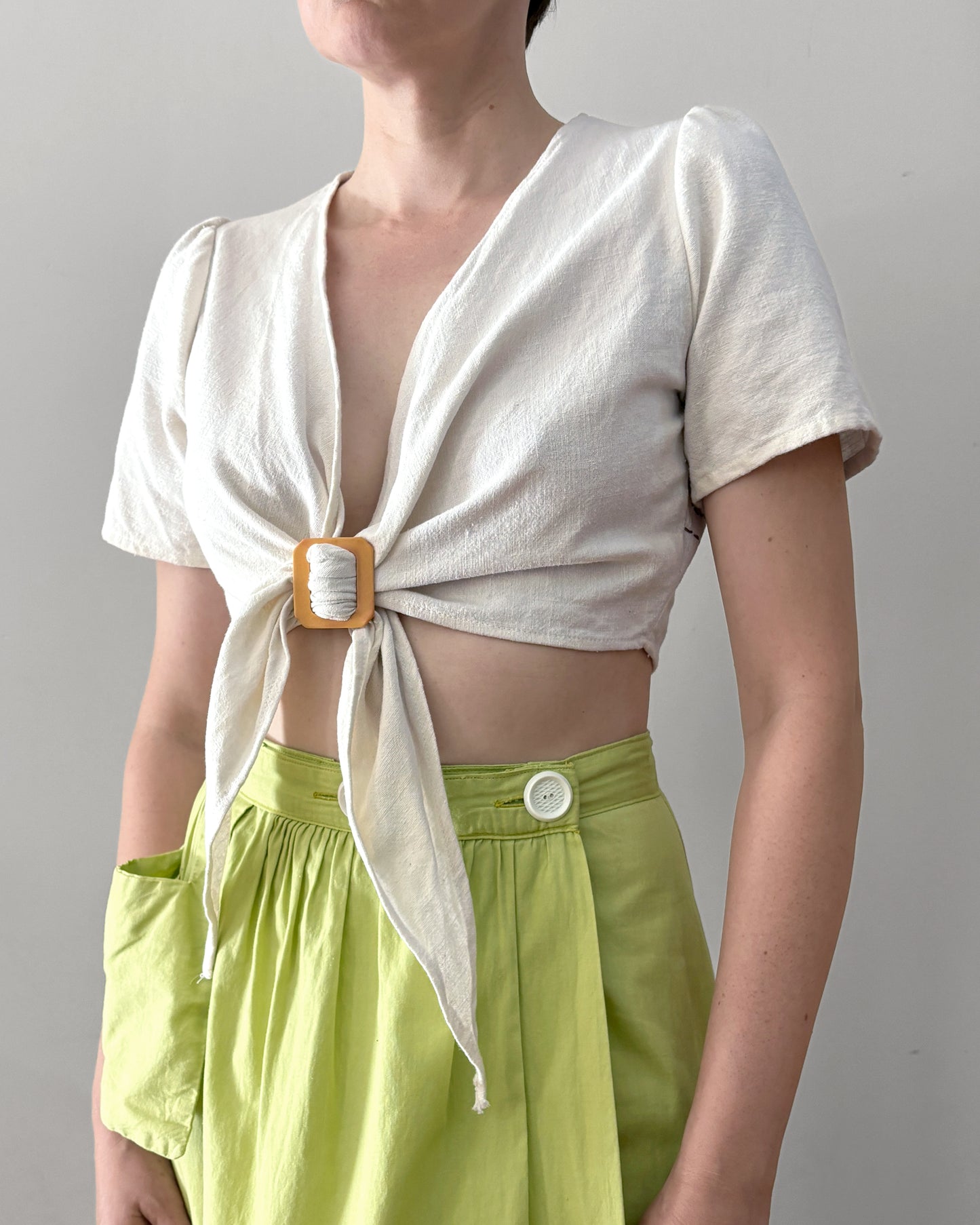 1980s Appliqué Linen Crop Top–S/M