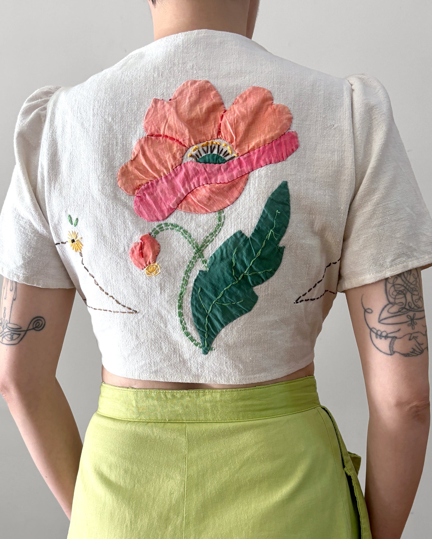 1980s Appliqué Linen Crop Top–S/M