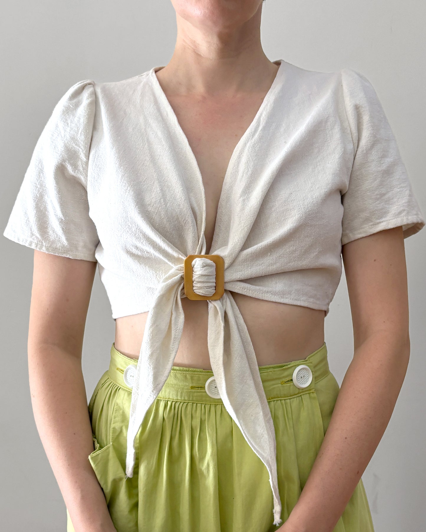 1980s Appliqué Linen Crop Top–S/M