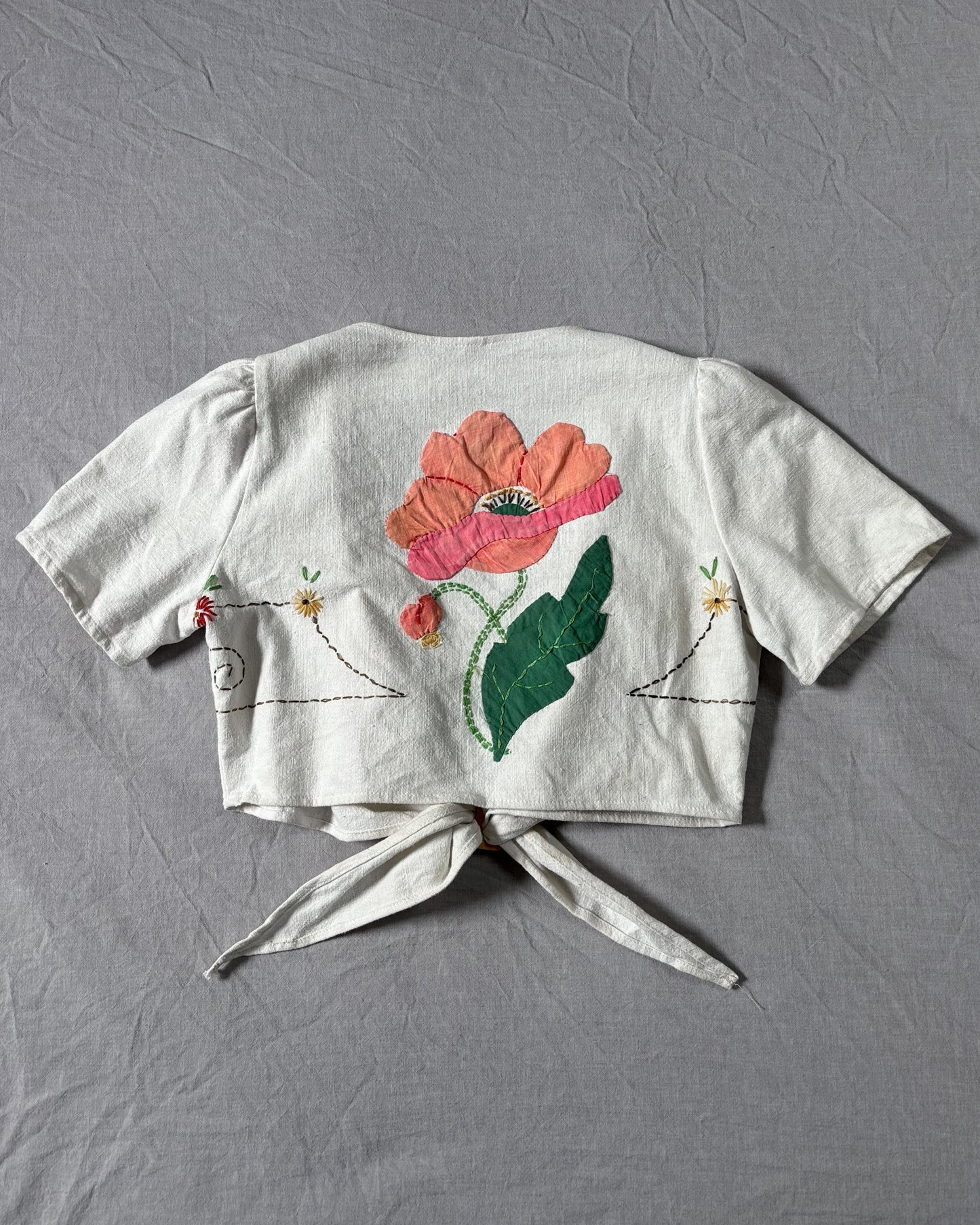 1980s Appliqué Linen Crop Top–S/M