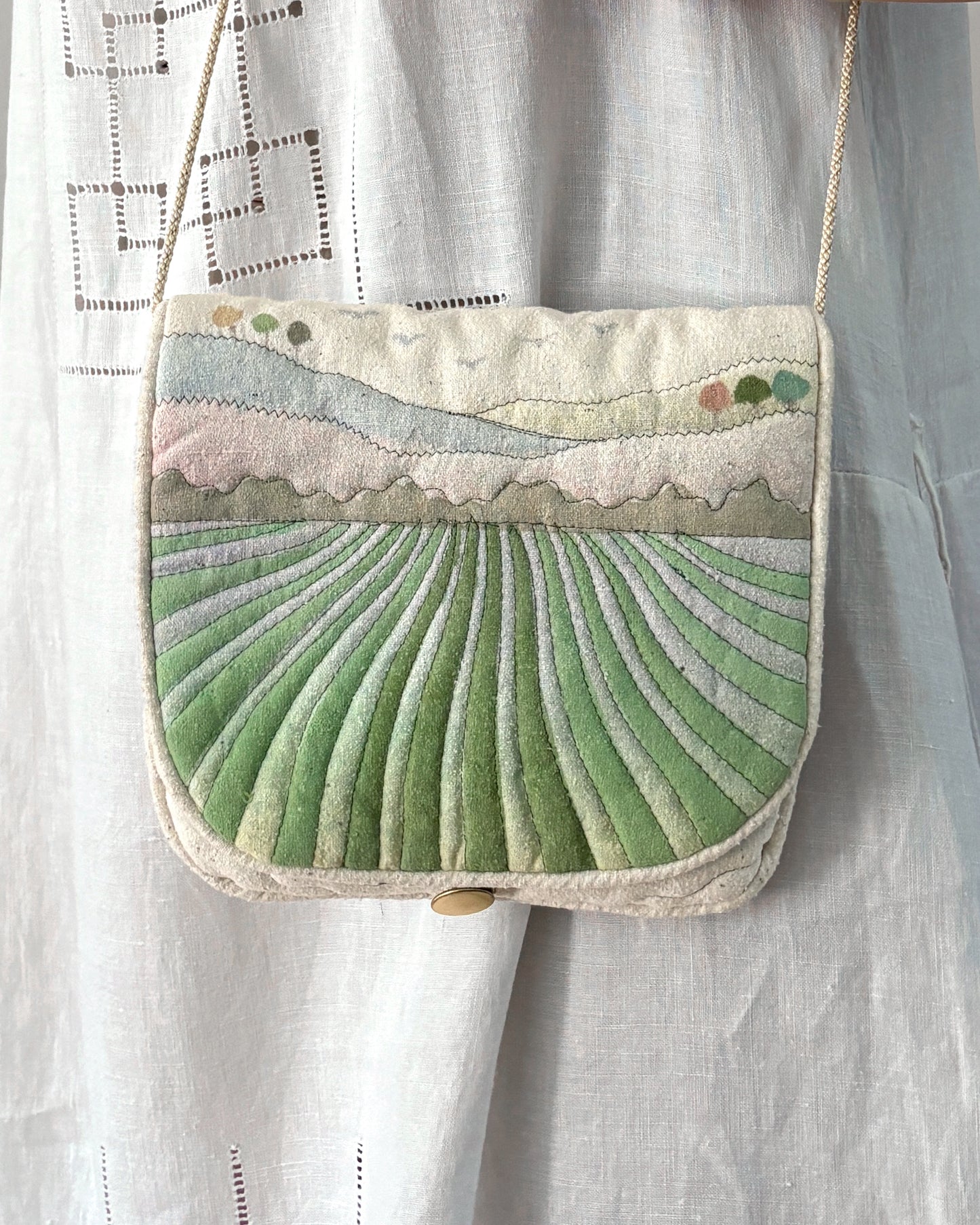 1980s Pastoral Fiber Art Silk Purse