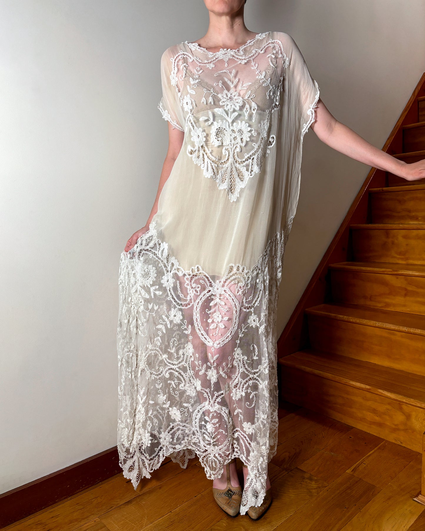 1920s Ivory Chiffon & Lace Gown