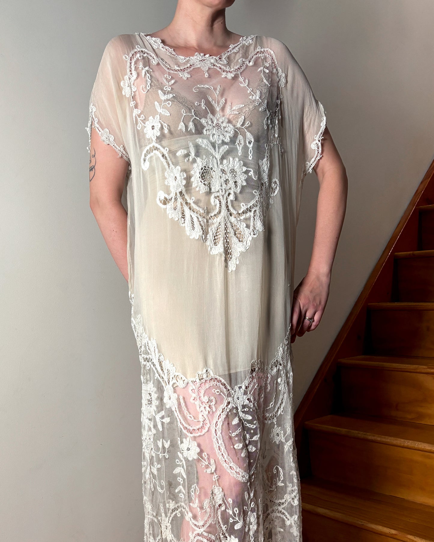 1920s Ivory Chiffon & Lace Gown